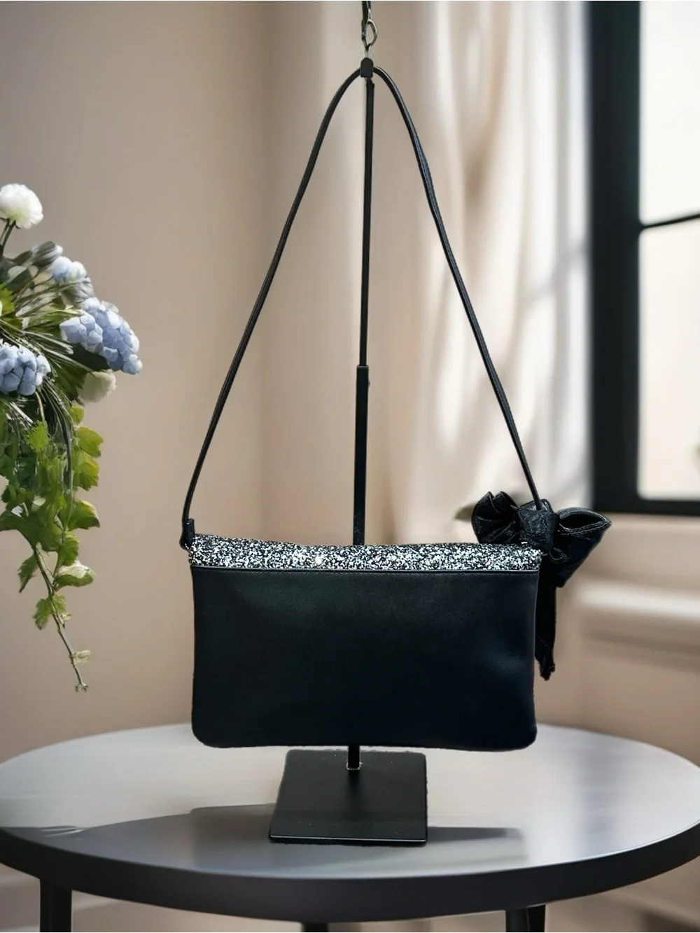 Elegant Black & Silver Shoulder Bag with Bow Accent